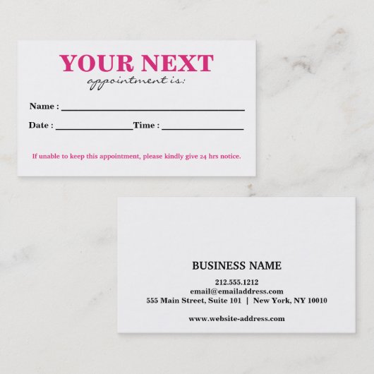 シンプル白エレガントピンク美しいアポイントメントカード 予約カード (正面/裏面)
