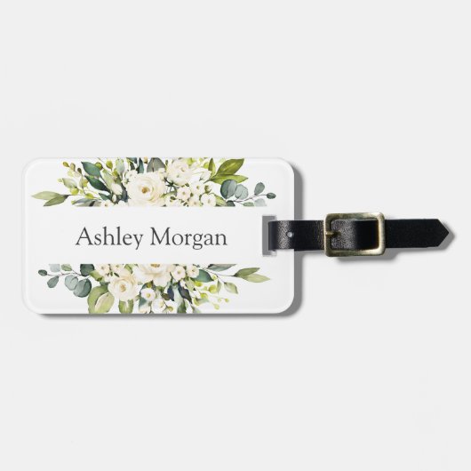 シンプル白エレガントローズグリーナリーフローラ ラゲッジタグ (正面横)