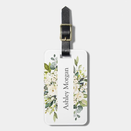 シンプル白エレガントローズグリーナリーフローラ ラゲッジタグ (正面縦)