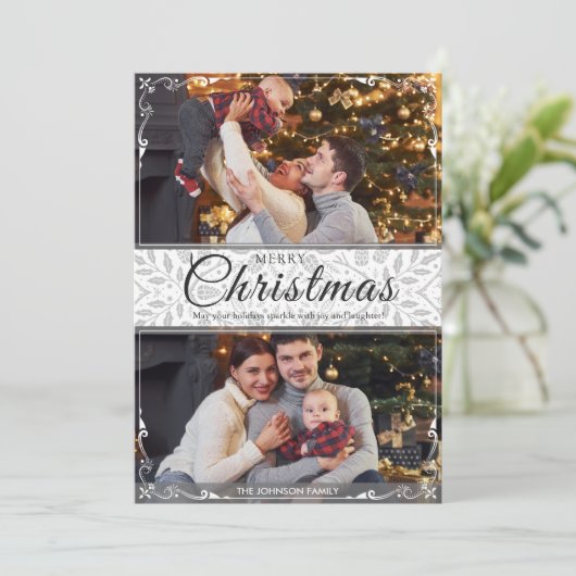 シンプル白エレガント枠2写真クリスマス シーズンカード (スタンド正面)