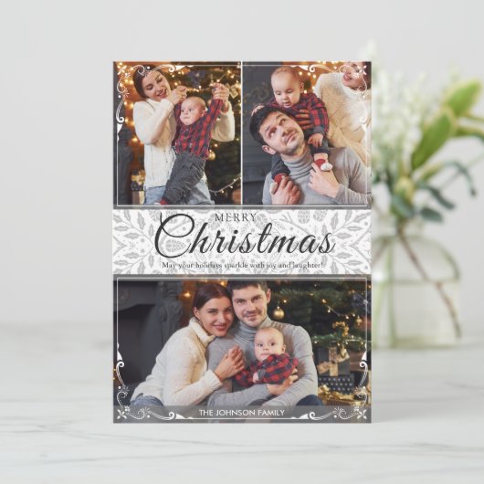 シンプル白エレガント枠3写真クリスマス シーズンカード (スタンド正面)