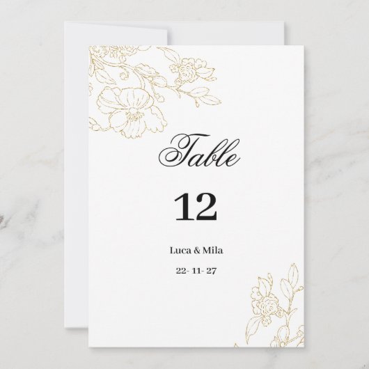 シンプル白エレガント金ゴールドフローラ表の番号 招待状 (正面)