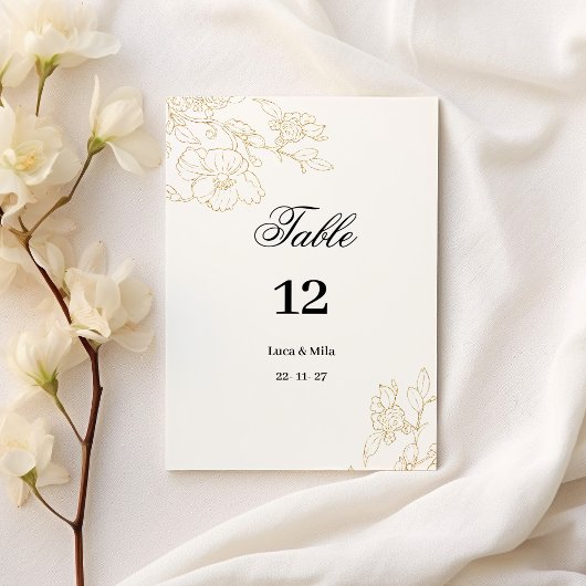 シンプル白エレガント金ゴールドフローラ表の番号 招待状