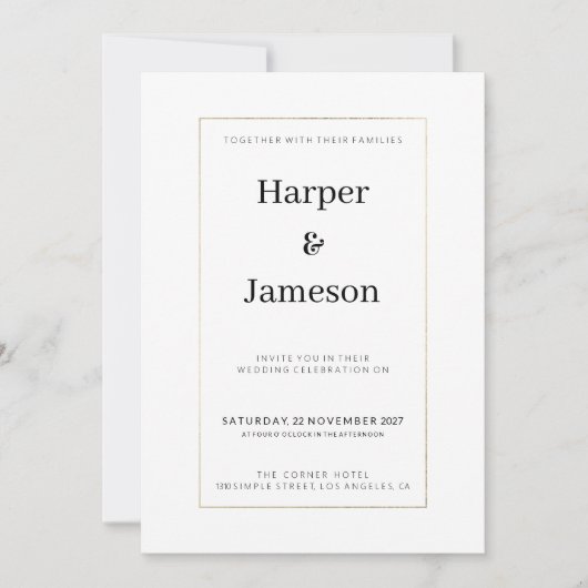 シンプル白エレガント金ゴールドミニマ結婚リスト 招待状 (正面)
