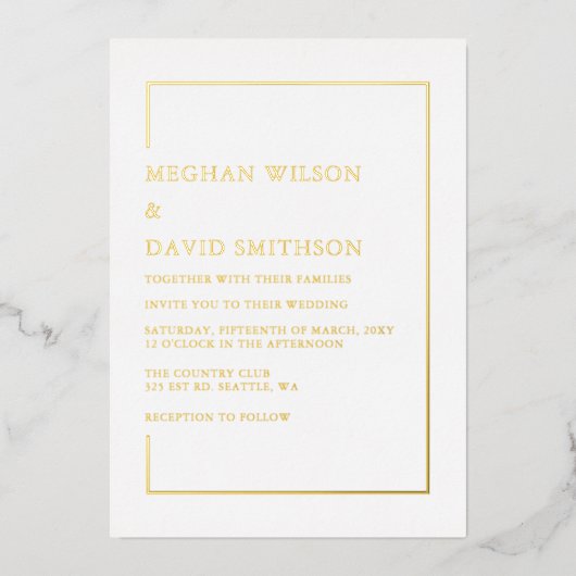 シンプル白エレガント金ゴールド結婚ズ 箔招待状 (正面)