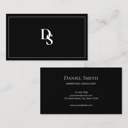 シンプル白エレガント黒イニシャル 名刺 (正面/裏面)