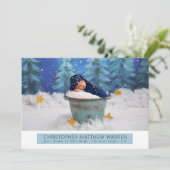 シンプル白エレガント |青いフォトコラージュボーイ誕生 案内状 (スタンド正面)