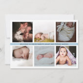 シンプル白エレガント |青いフォトコラージュボーイ誕生 案内状 (裏面)