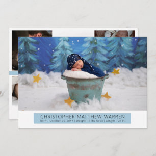 シンプル白エレガント 青いフォトコラージュボーイ誕生 案内状