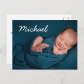 シンプル白タイポグラフィ男の赤ちゃん名写真 案内ポストカード (正面/裏面)