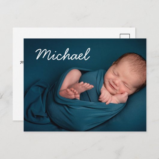 シンプル白タイポグラフィ男の赤ちゃん名写真 案内ポストカード (正面/裏面)