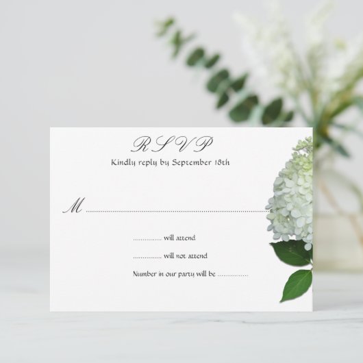 シンプル白フローラあじさい結婚さんの返信カード 出欠カード (スタンド正面)