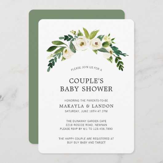 シンプル白フローラガールエレガントベビーシャワー 招待状 (正面/裏面)