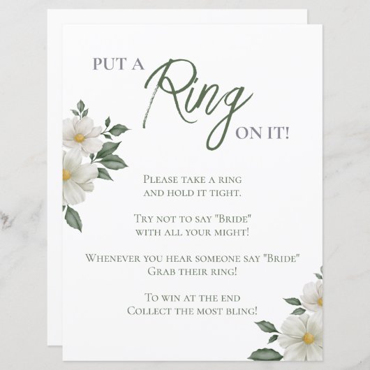 シンプル白フローラブライダルシャワーリングや輪ゲーム (正面/裏面)