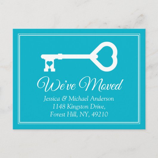 シンプル白ブルーのミニマル鍵移動告知 案内ポストカード (正面)