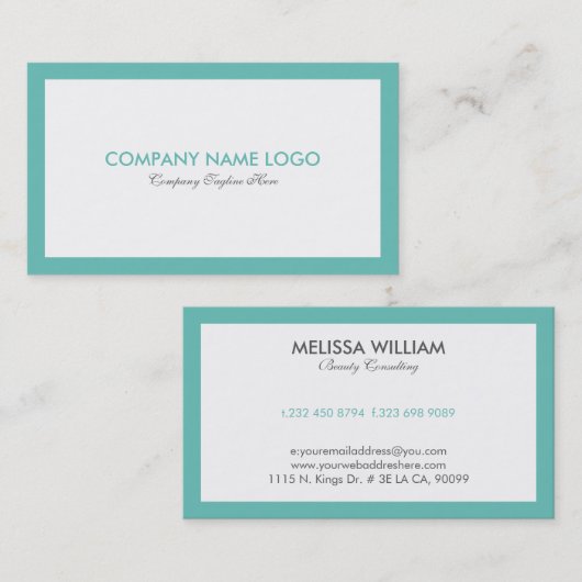 シンプル白ミニマル白とターコイズ縁ど 名刺 (正面/裏面)