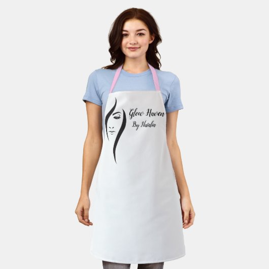 シンプル白ミニマル黒美しいサロン エプロン (着用した状態)