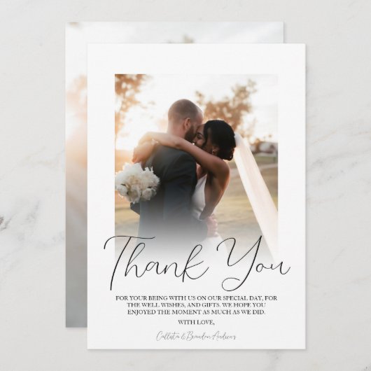 シンプル白モダンカップル結婚写真 サンキューカード (正面/裏面)