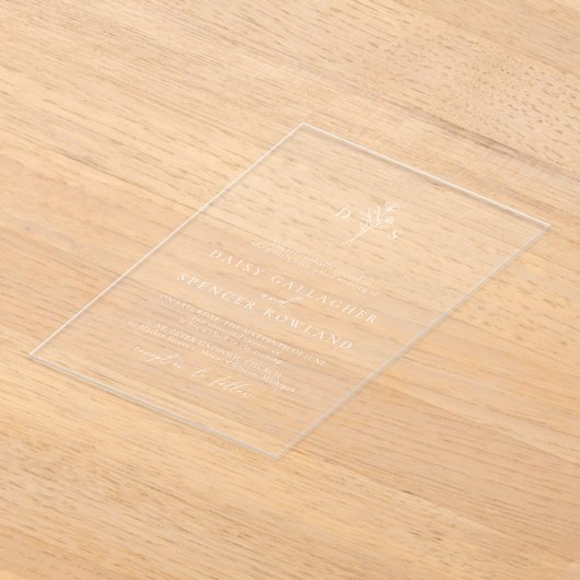 シンプル白モダンフローラモノグラ結婚ム澄んズ アクリル招待状 (レイダウン)