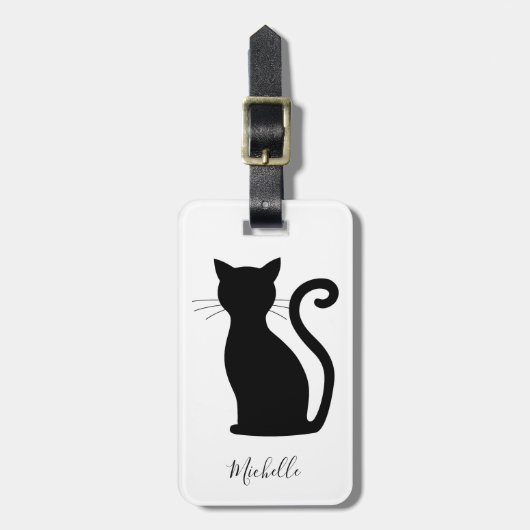 シンプル白モダン黒かわいい黒猫 ラゲッジタグ (正面縦)
