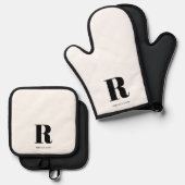 シンプル白モノグラモダンム 鍋つかみ&鍋敷きセット (正面/裏面)