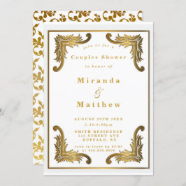 シンプル白金ゴールドオーナメントカップルシャワー招待状