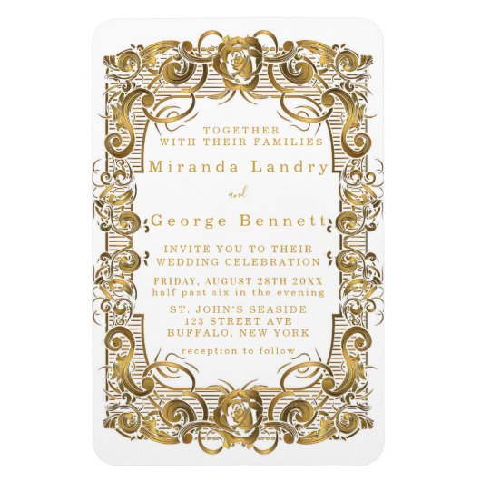 シンプル白金ゴールドオーナメント結婚式招待状 マグネット (縦)