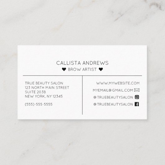 シンプル白黒かわいらしハートタイポグラフィブローズ 名刺 (裏面)