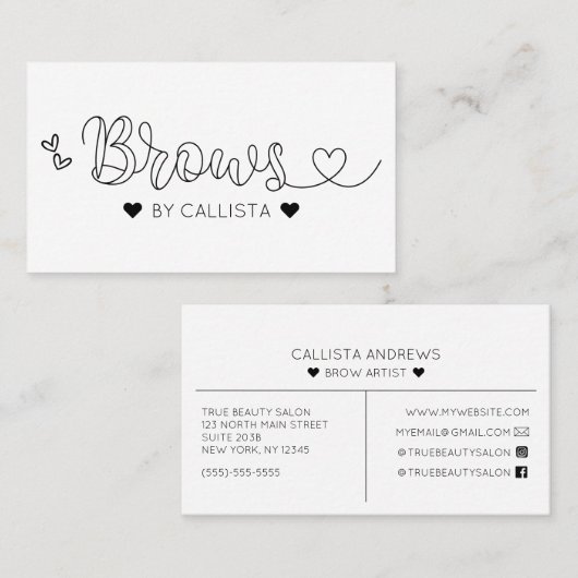 シンプル白黒かわいらしハートタイポグラフィブローズ 名刺 (正面/裏面)