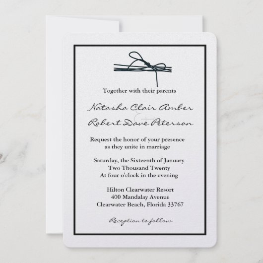 シンプル白黒が結婚式の招待を結ぶ 招待状 (正面)