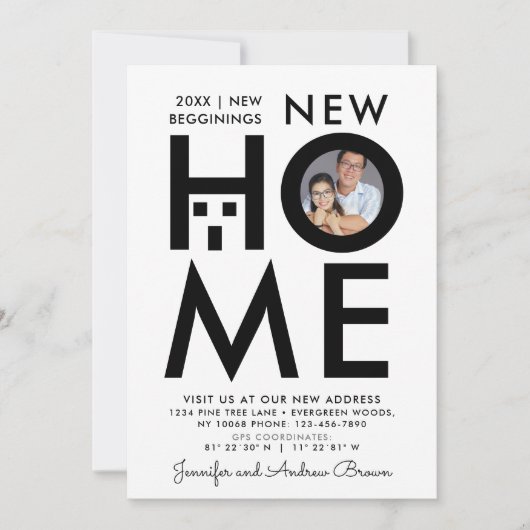 シンプル白黒の新しいホーム写真のお知らせ 招待状 (正面)
