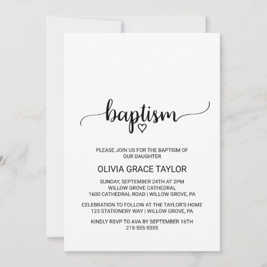 シンプル白黒の書道の洗礼 招待状 (正面)