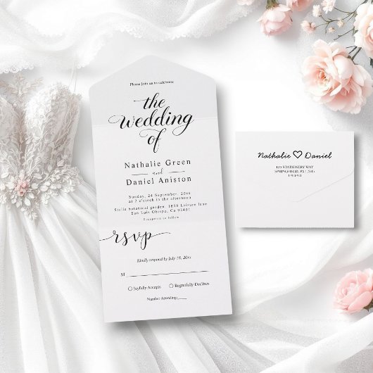 シンプル白黒の書道の結婚脚本 オールインワン招待状