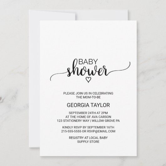 シンプル白黒の書道の赤ちゃんシャワー 招待状 (正面)