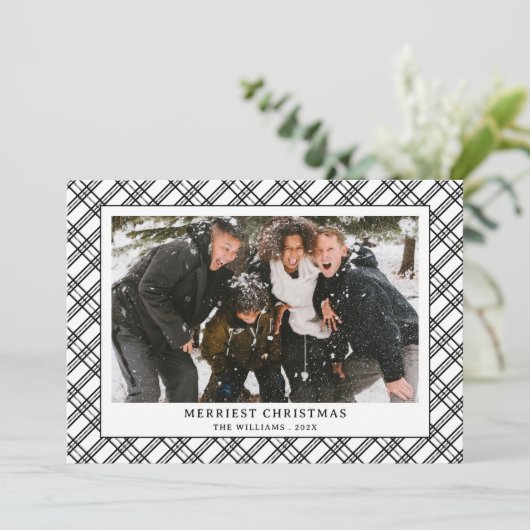シンプル白黒の格子模様の写真クリスマス シーズンカード (スタンド正面)