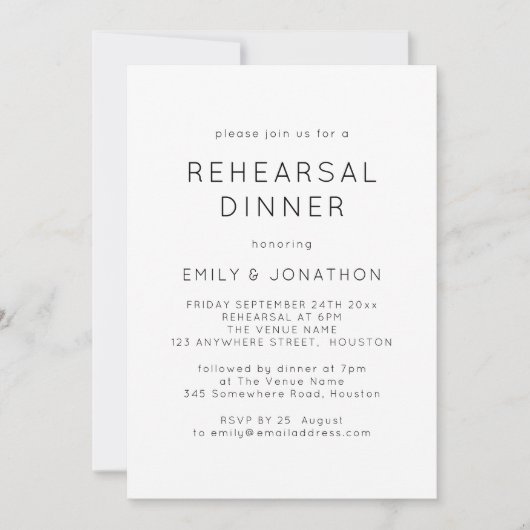 シンプル白黒の結婚リハーサルディナー 招待状 (正面)