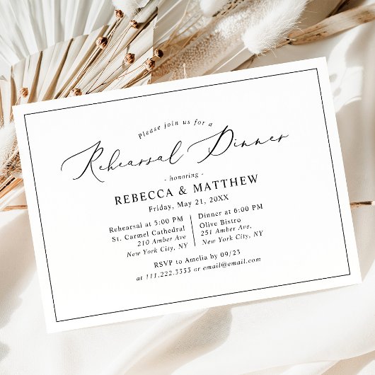 シンプル白黒の結婚リハーサルディナー 招待状