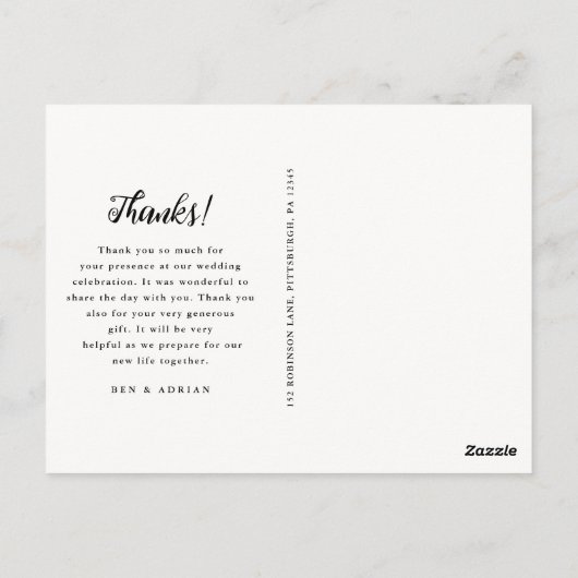 シンプル白黒の結婚写真ありがとう ポストカード (裏面)