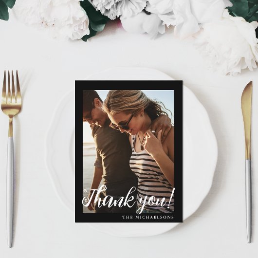 シンプル白黒の結婚写真ありがとう ポストカード