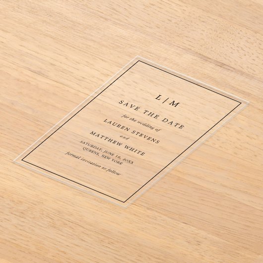 シンプル白黒の結婚式の日付を保存 アクリル招待状 (レイダウン)