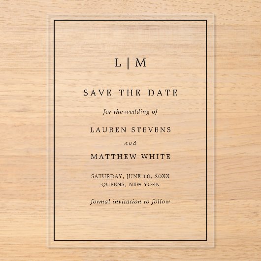 シンプル白黒の結婚式の日付を保存 アクリル招待状 (正面)