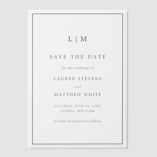 シンプル白黒の結婚式の日付を保存 ベラム紙招待状 (正面)