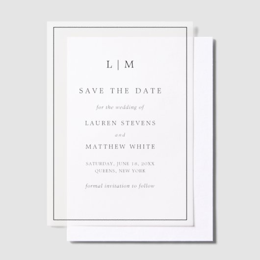 シンプル白黒の結婚式の日付を保存 ベラム紙招待状 (オフセット)