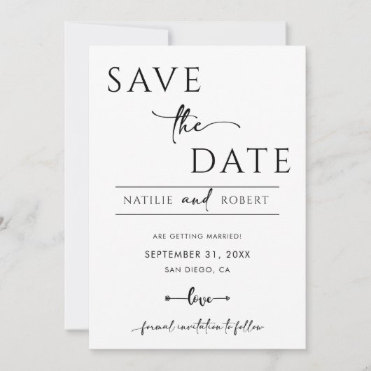 シンプル白黒の結婚式の日付を保存 招待状 (正面)