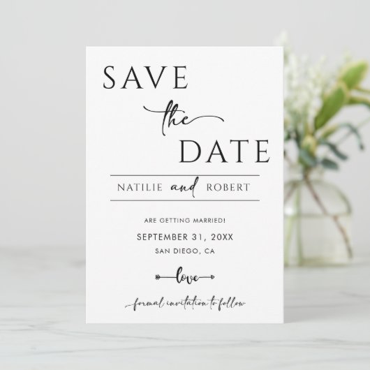 シンプル白黒の結婚式の日付を保存 招待状 (スタンド正面)