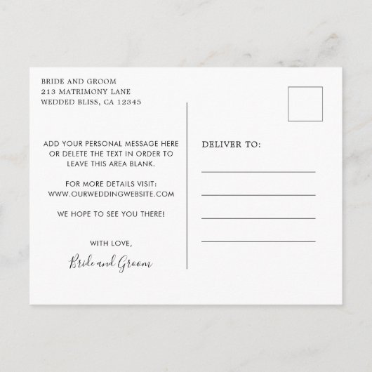 シンプル白黒の結婚式の日付を保存 案内ポストカード (裏面)