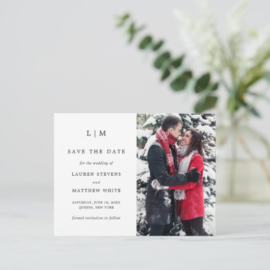 シンプル白黒の結婚式の日付を保存 案内ポストカード (スタンド正面)