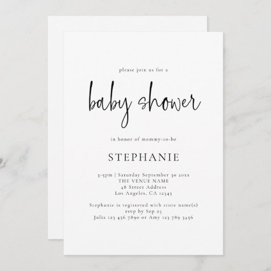 シンプル白黒または任意の色のベビーシャワー 招待状 (正面/裏面)