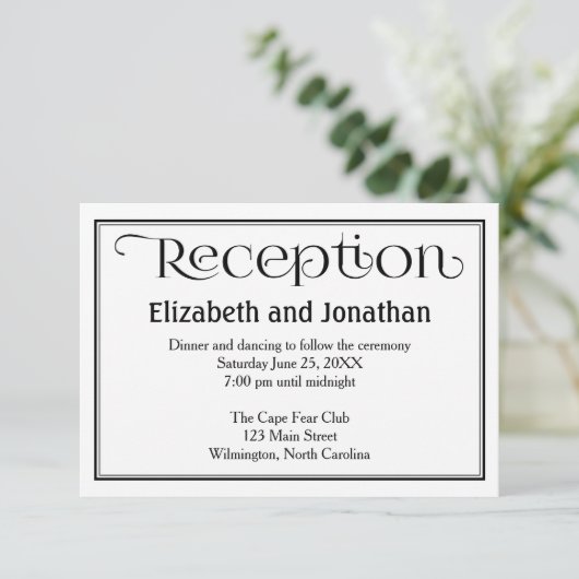 シンプル白黒ウェディングレセプションカード エンクロージャーカード (スタンド正面)
