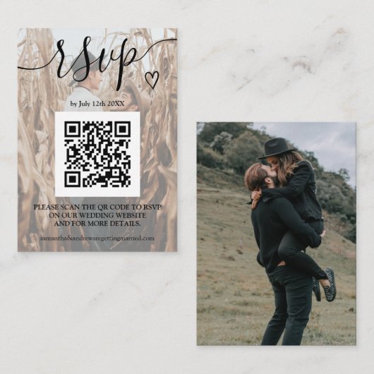 シンプル白黒ウェディングrsvp Qrコード2写真 エンクロージャーカード (正面/裏面)